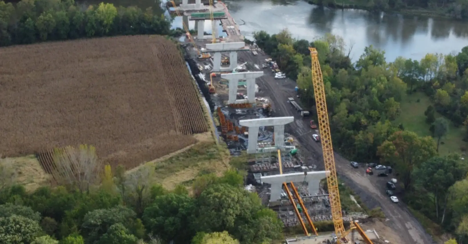 A view of a bridge construction site from above.