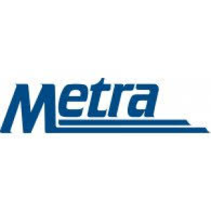 A blue and white logo of metra